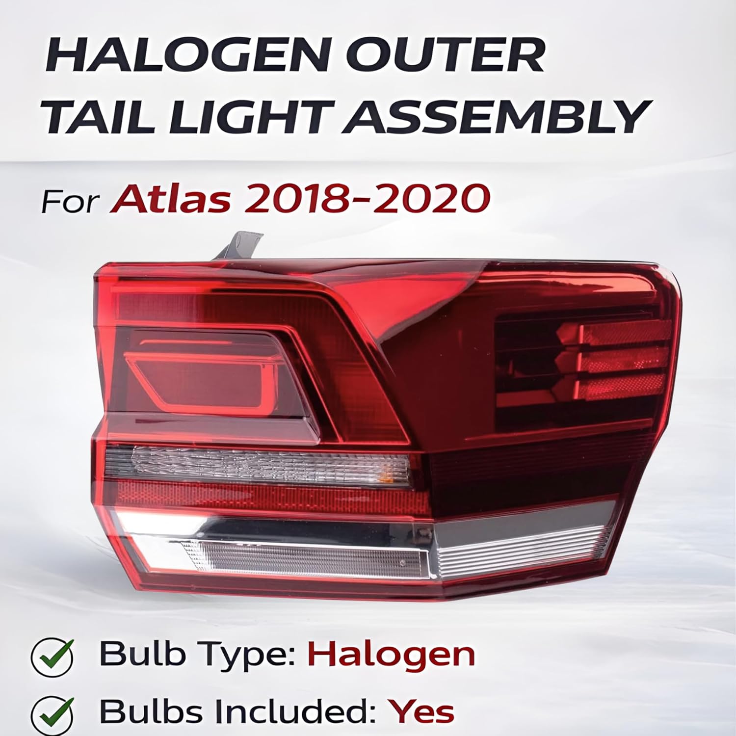 Headlamp Replacement For Volkswagen Atlas 2018 2019 2020, CAPA Certified Halogen Tail Light Assembly with Bulbs, Right Side / Passenger Side, Outer Partslink: VW2805127C / OEM: 3CN 945 096 B - NOT LED