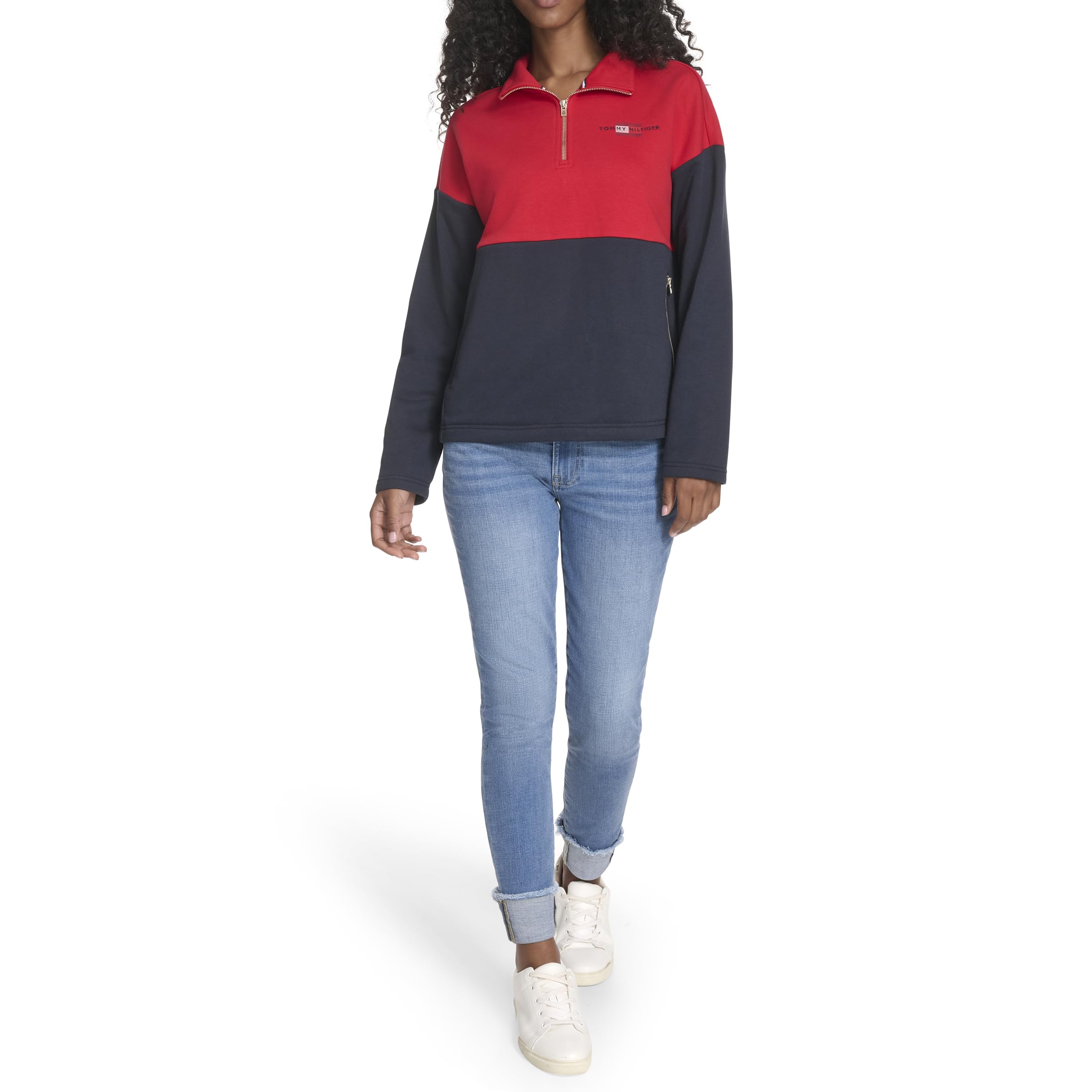 Tommy Hilfiger Women's 1/4 Zip Mockneck Colorblock Fleece Sweatshirt, Scarlet/ Sky Captain, XS