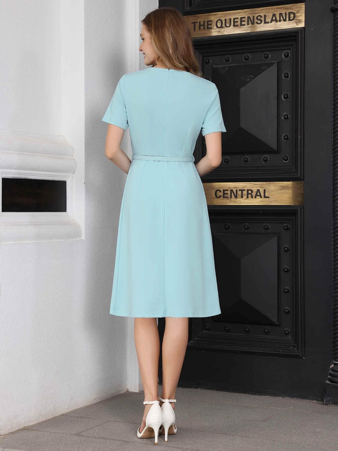 Women's A Line Dress Short Sleeve Asymmetrical Neck Elegant Business Work Dresses with Belted - Image 5