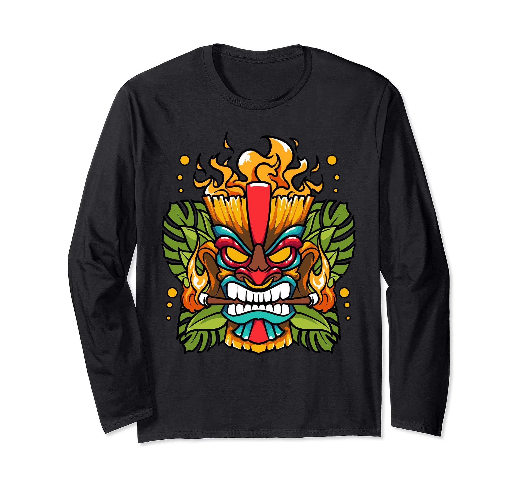 Hawaiian Tiki Mask Fire Totem God Of The Luau Long Sleeve T-Shirt, Black
