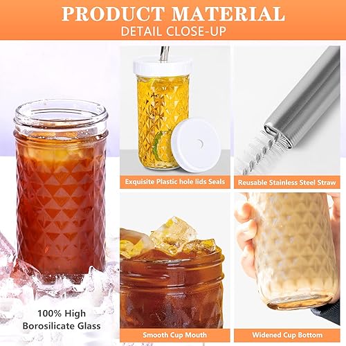 Miniatura 3 de Boba Cup - Taza de té de burbujas reutilizable, juego de tazas de vidrio, 4 tazas de tarro Mason con tapas y popotes y 4 tapas herméticas, taza de