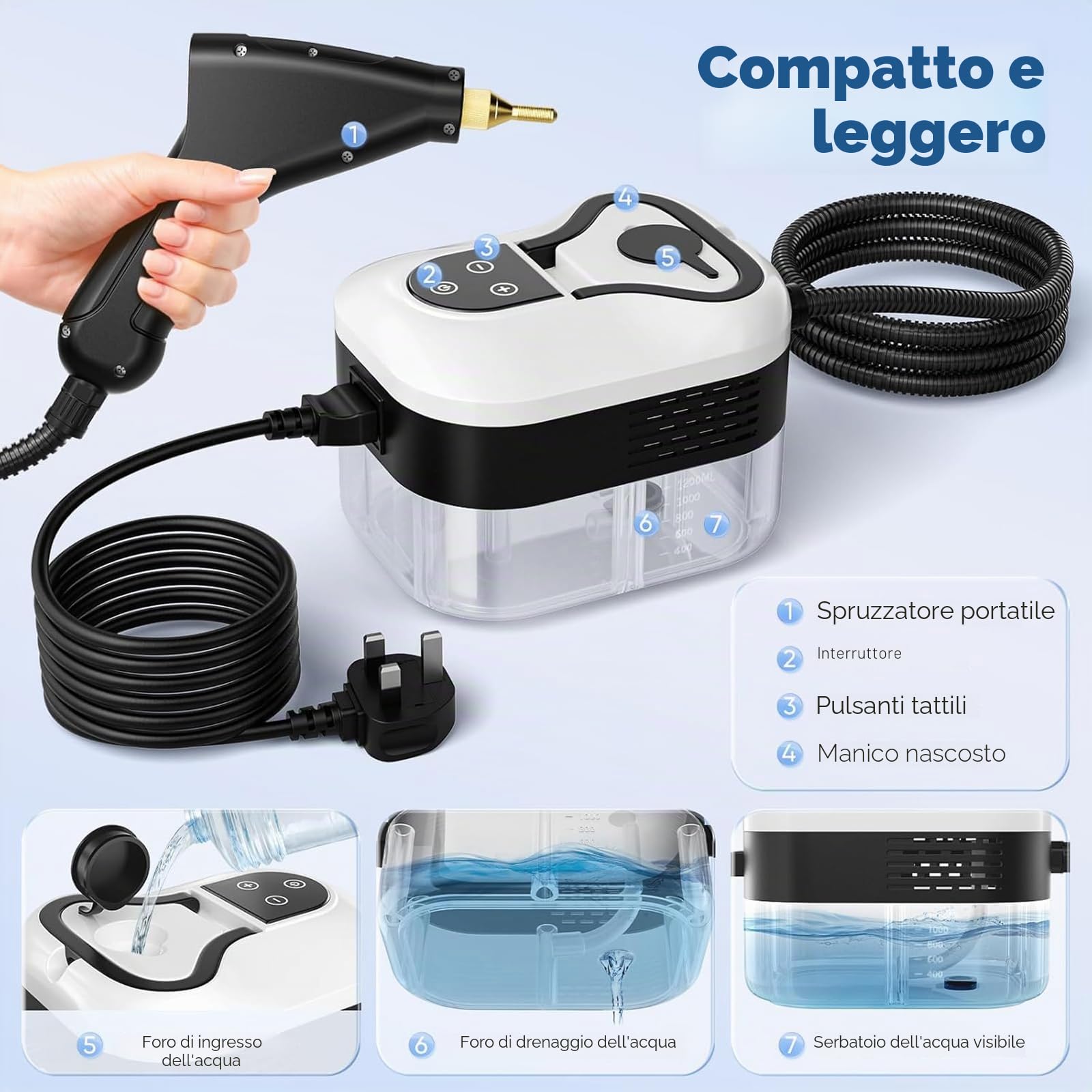 Potente pulitore a vapore portatile da 2500 W, riscaldamento rapido in 15 secondi e vapore ad alta pressione, 6 livelli regolabili per una pulizia profonda su pavimenti, cucina, bagno, auto, fughe