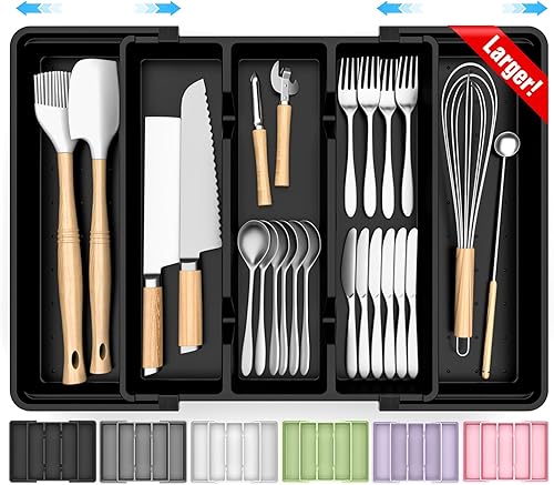 Organizador grande de cubiertos, organizador de cajones de utensilios expandible para cajones de cocina, organizador de cajones de cocina para