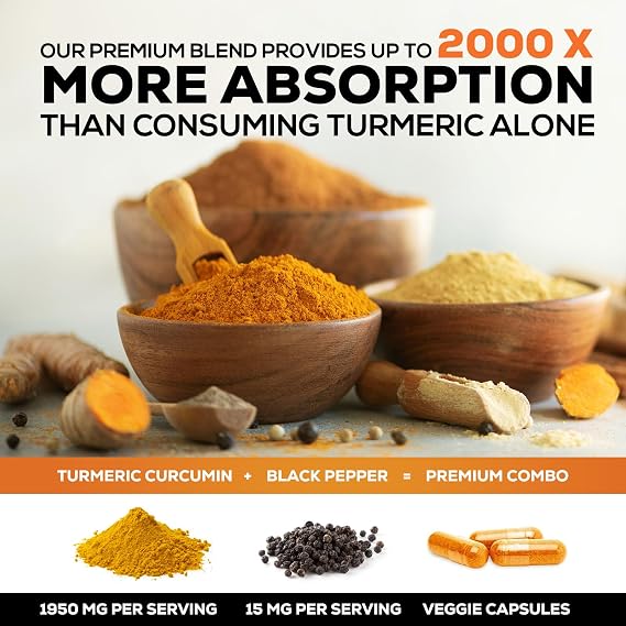 Turmeric Curcumin Supplement 95% Curcuminoids 1950mg with Organic Turmeric & BioPerine Black Pepper Extract for Best Absorption, Natural Vegan Joint Support, Non-GMO, Bottled in USA - 60 Capsules