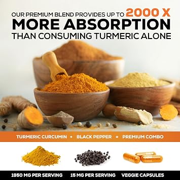 Turmeric Curcumin Supplement 95% Curcuminoids 1950mg with Organic Turmeric & BioPerine Black Pepper Extract for Best Absorption, Natural Vegan Joint Support, Non-GMO, Bottled in USA - 60 Capsules