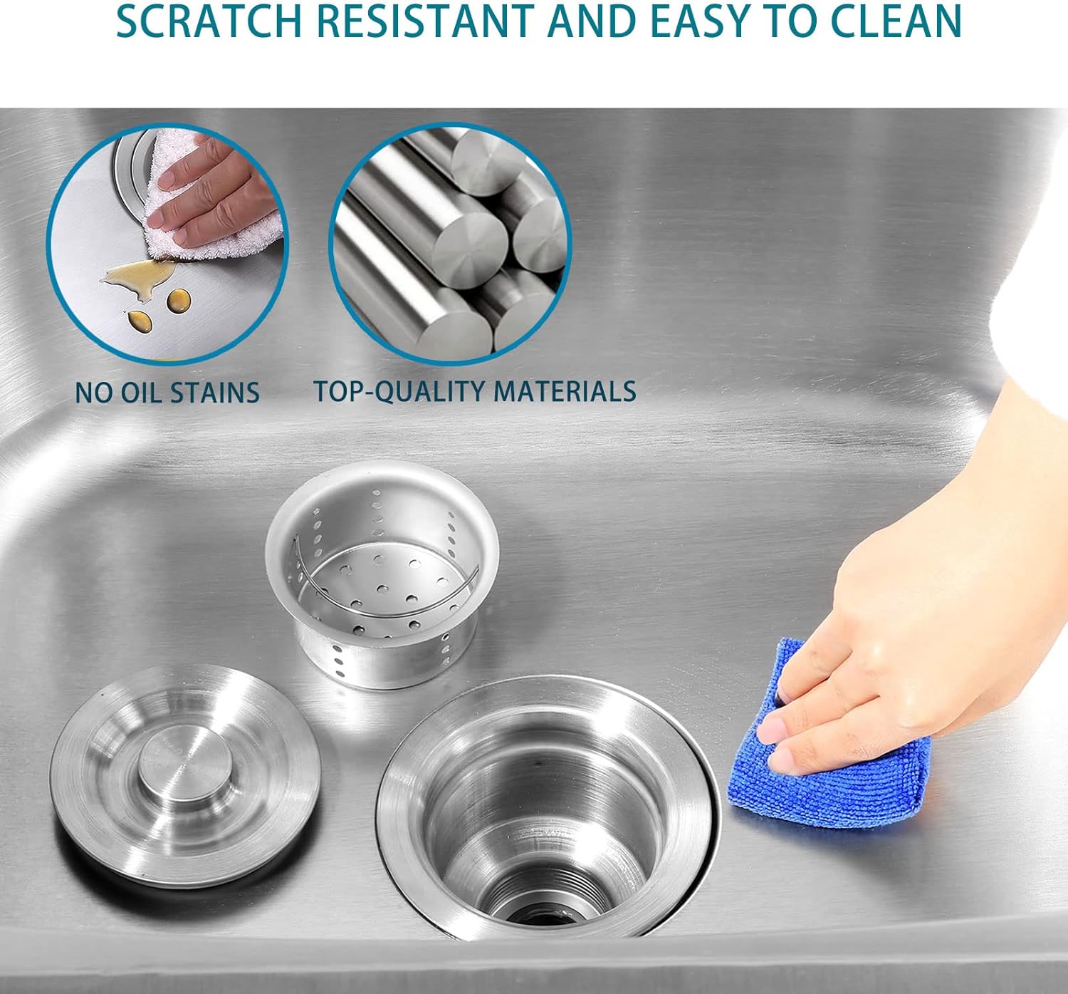 Close-up of the sink drain showing a clean surface and a stainless steel basket strainer with collected food scraps.