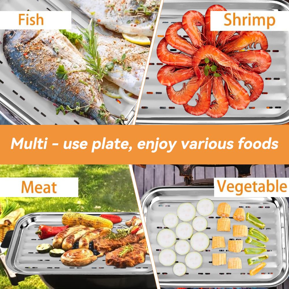 2 vassoi per barbecue in acciaio inox con fori, vassoio per barbecue con pinza, vassoi da forno per grigliare verdure, carne e pesce