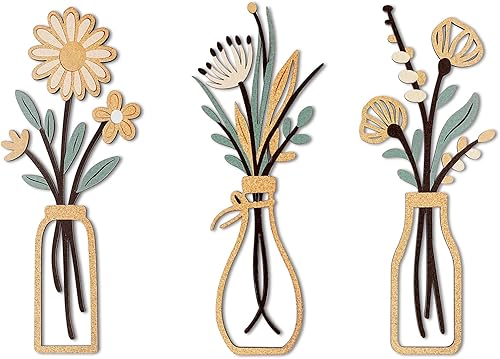 puthiac Juego de arte de pared de jarrón de flores de madera, decoración floral minimalista bohemia de granja, decoración de pared de madera rústica