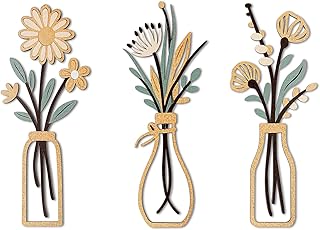 puthiac Wooden Flowers Vase Wall Art Set — Minimalist Boho Farmhouse Floral Décor, Rustic Wooden Wall Decor for Bathroom/Living Room/Bedroom/Dining Room-Housewarming Gift