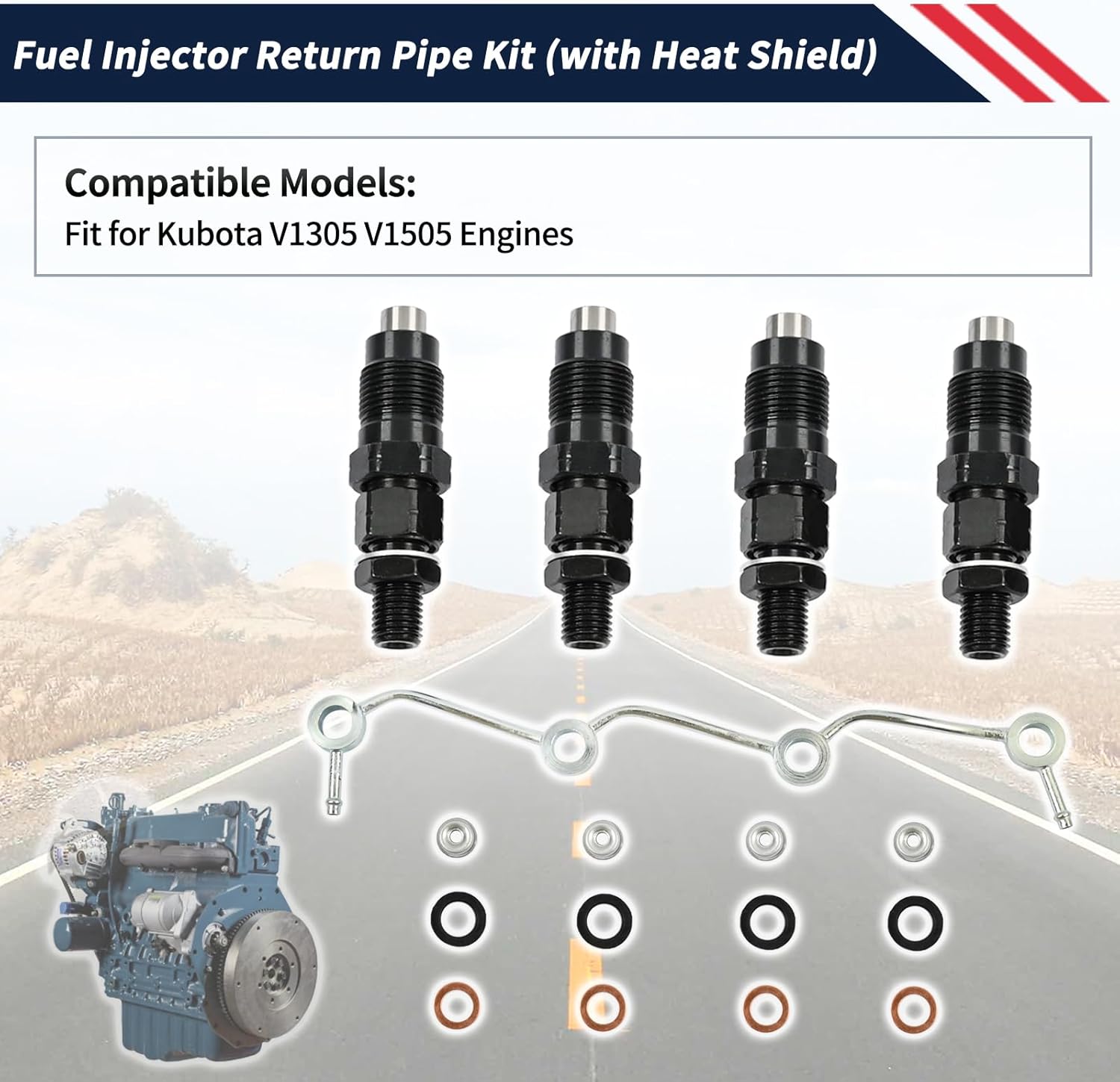 1G677-53903 1903-3015 Fuel Injectors & Fuel Overflow Return Pipe & Seal Kit With Heat Shield Compatible with Kubota V1305 V1505 Engines Replace 16271-42502 19077-53650