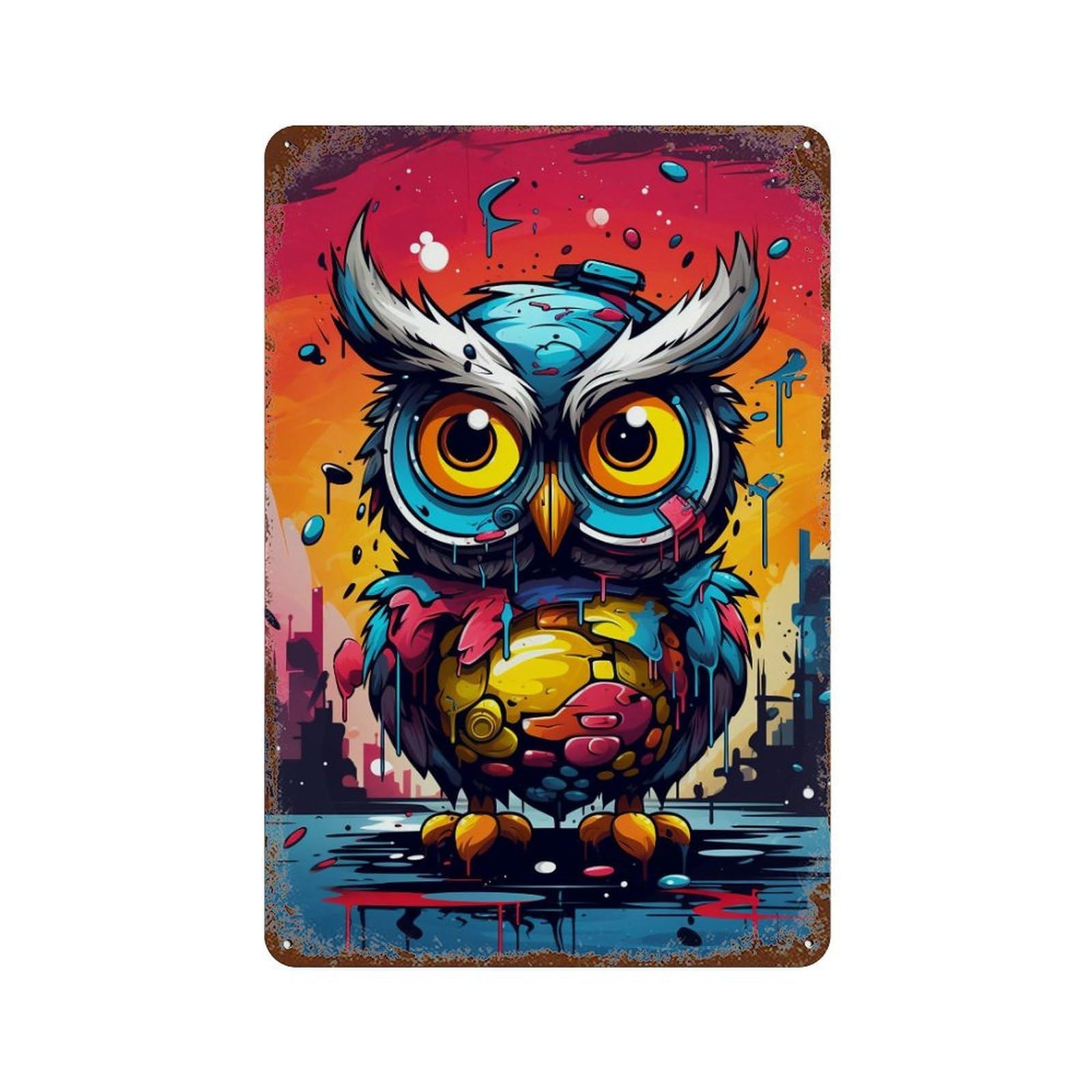 Aged Metal Wall Plaque with Owl Art Print Design 11.8"x7.9", for Shed, Workshop And Garage Wall Decor, Decorative Metal Wall Art