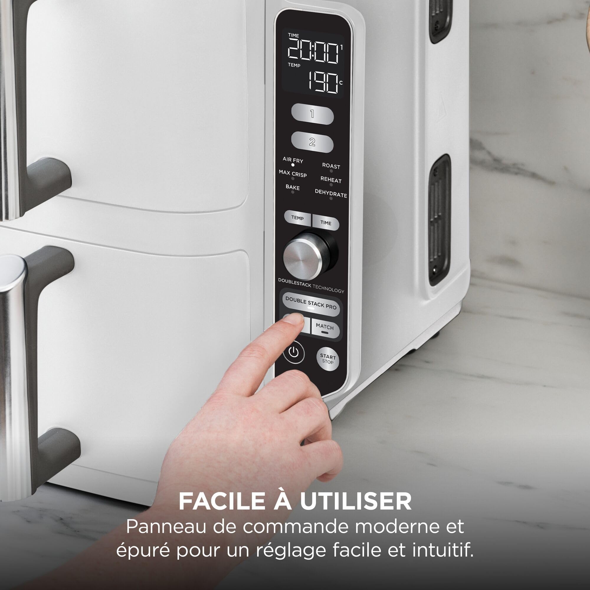 NINJA Double Stack XL Air Fryer, Friteuse sans huile Verticale Double Tiroir 4 Niveaux de Cuisson, 2 Tiroirs, 2 Grilles, Capacité de 9,5 L, 6 Fonctions, 8 Portions, Pinces, Blanc SL400EUWH