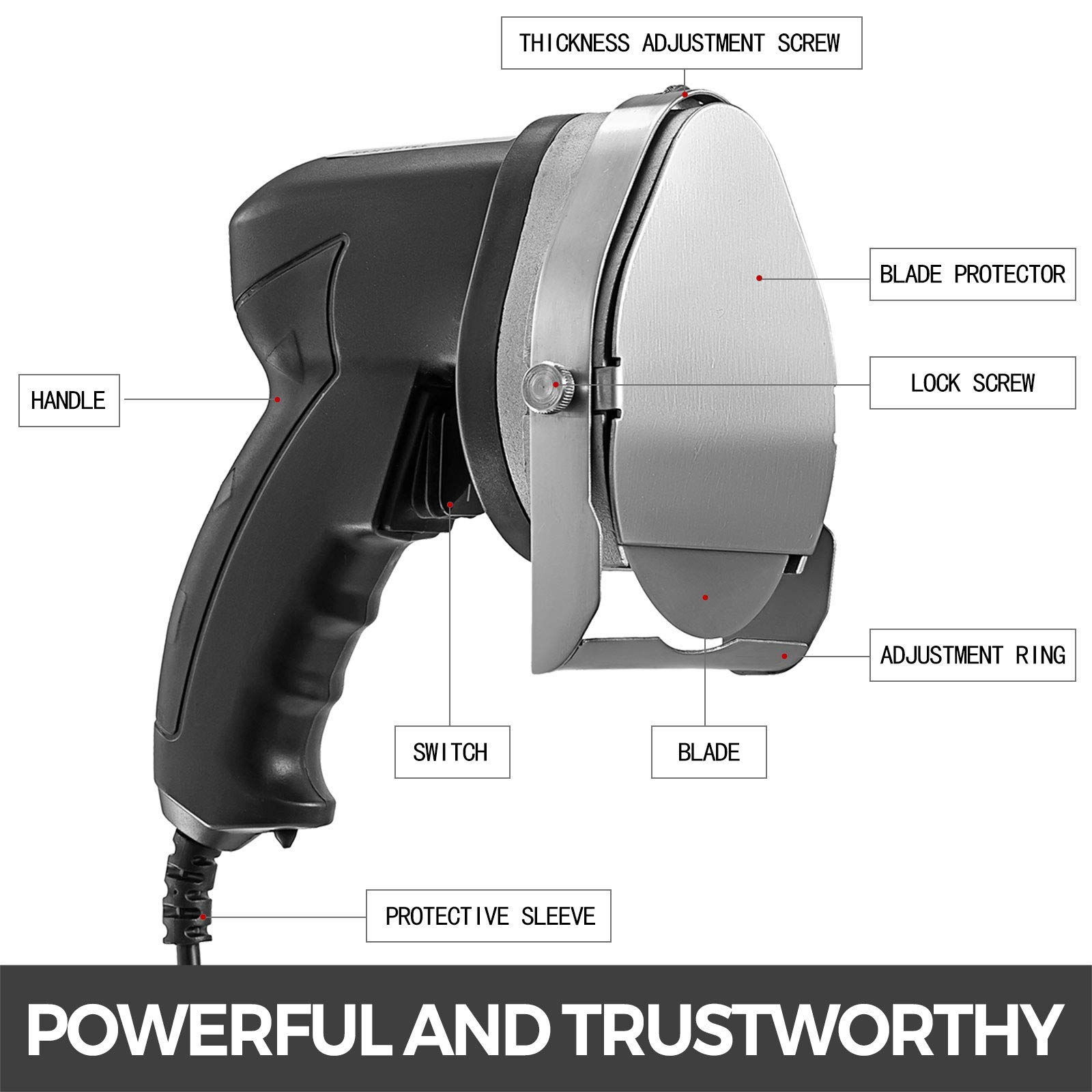 VBENLEM 110V Electric Shawarma 80W Professional Turkish Kebab Knife Stainless Steel Commercial Gyro Cutter 2800 RPM With 2 Blades ?3.93/100mm Adjustable Thickness 0-8 mm