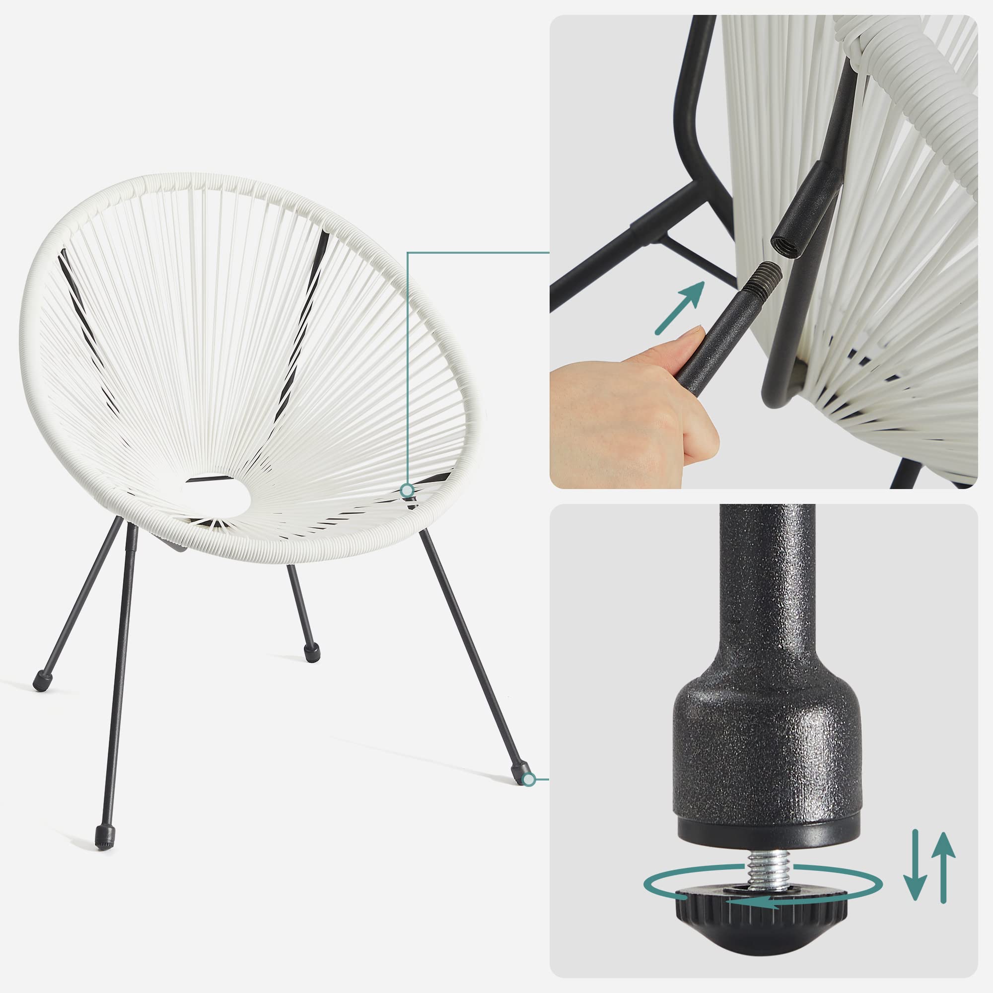 SONGMICS Conjunto de Muebles de Jardín, 3 Piezas, Silla Acapulco, Asientos de Exterior, Mesa con Tapa de Cristal y 2 Sillas, Conjunto Mueble de Interior y Exterior, Blanco GGF013W02