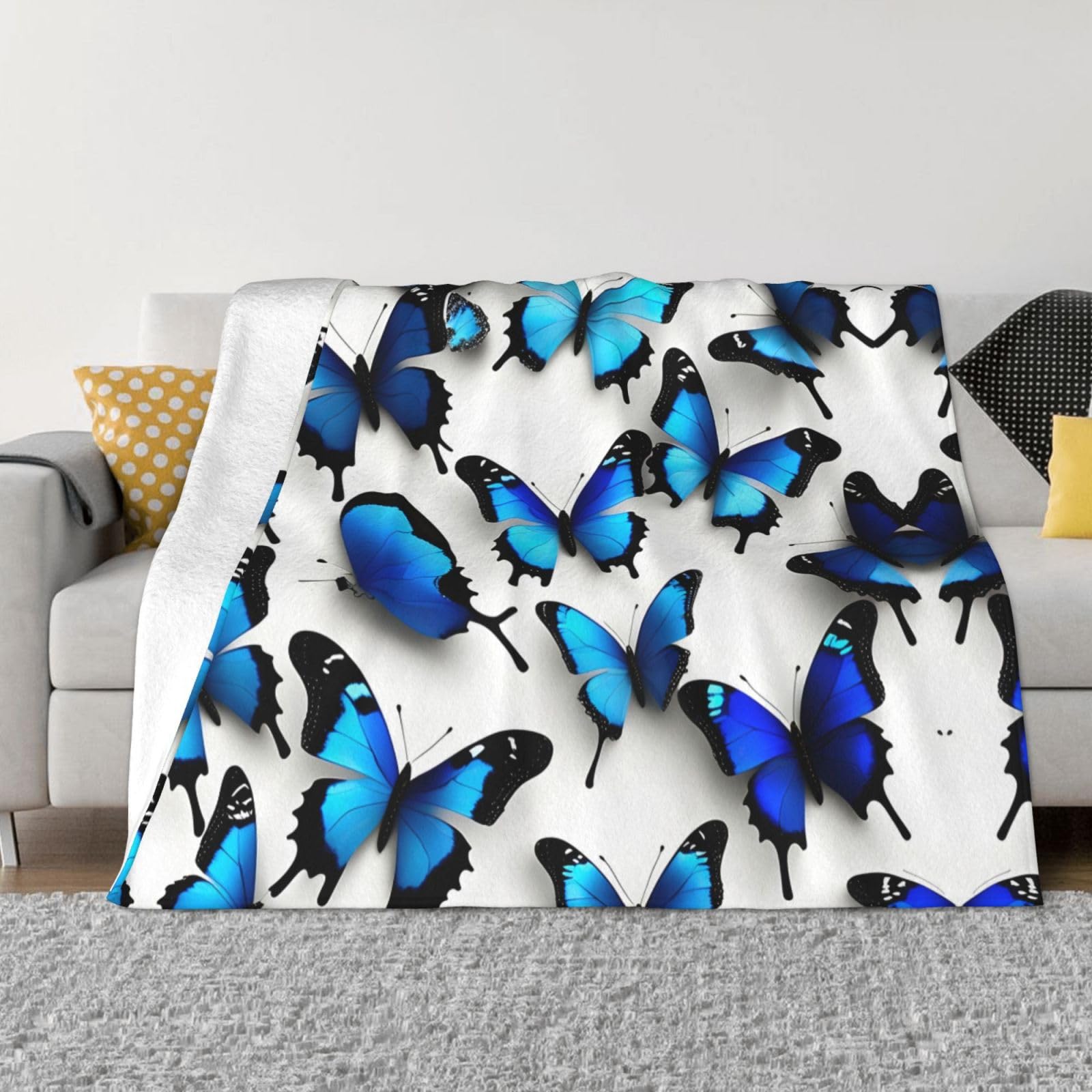 Couverture polaire papillons bleus en flanelle douce 127x152 cm