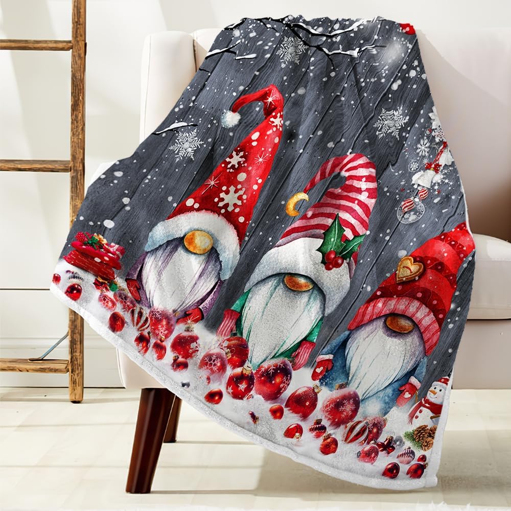 Christmas Gnomes Throw Blanket, Farmhouse Merry Christmas Cute Red Xmas Ball Snowflake Gnomes on Grey Barn Fleece Blanket,Rustic Soft Flannel Throw Blanket for Chair Bed Sofa Couch