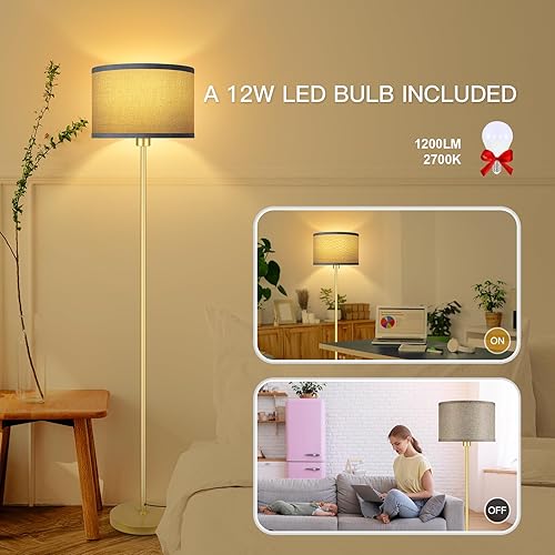 Miniatura 2 de Lámpara de pie dorada para sala de estar, lámpara de pie moderna con bombilla (12 W, 2700 K), pantallas de arpillera, interruptor de pie, lámpara