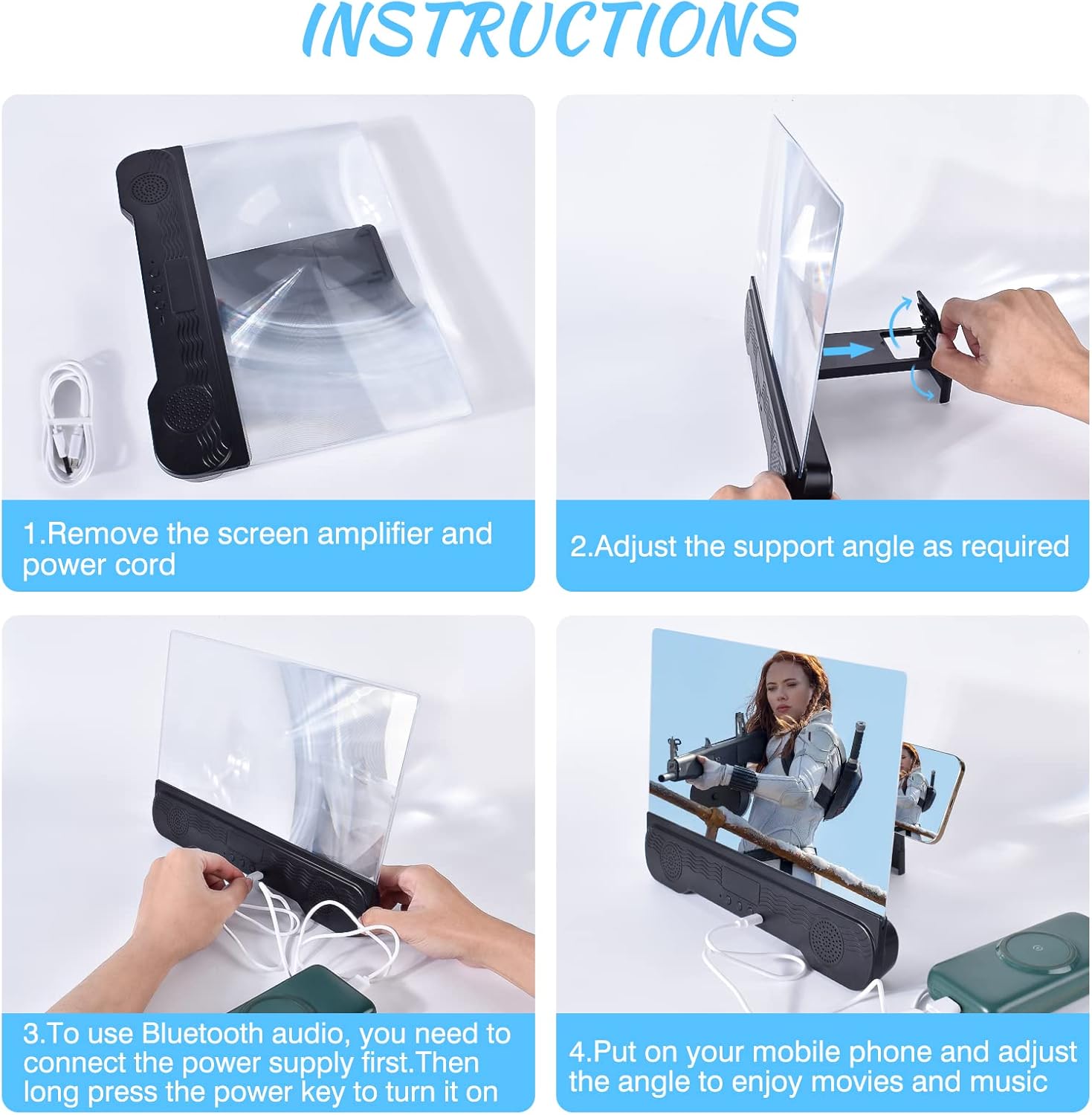 14 inch Phone Screen Magnifier with Bluetooth Speaker,Mobile Phone Screen Amplifier with 2-in-1 Foldable Stretch Stand Holder Portable 3D Screen Magnifying Glass for All Smartphones(Black)