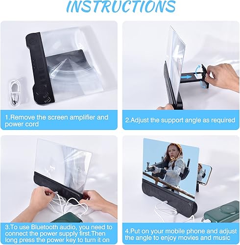 Miniatura 7 de Lupa de pantalla de teléfono de 14 pulgadas con altavoz Bluetooth, amplificador de pantalla de teléfono móvil con soporte elástico plegable 2 en 1,