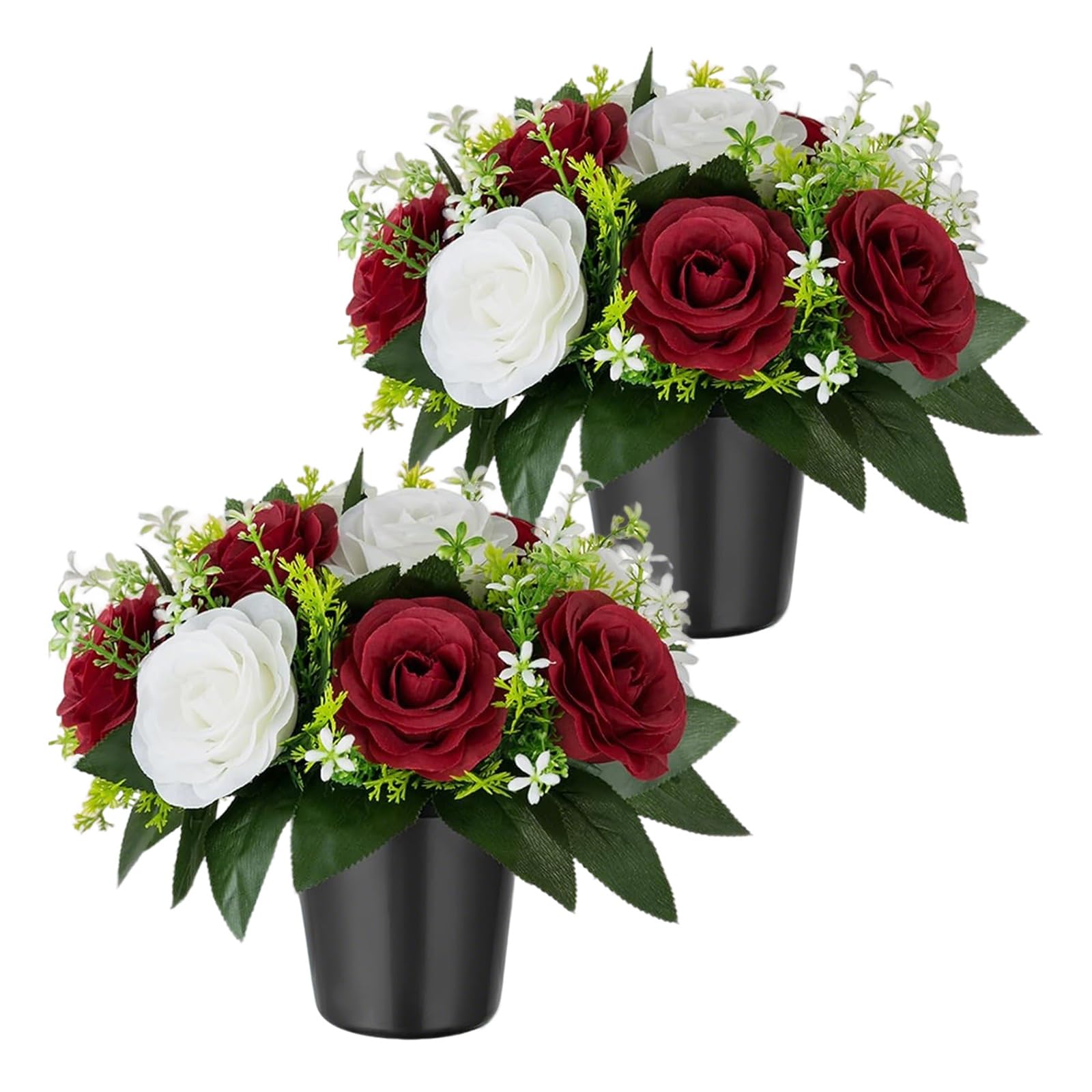 CECOMBINE 2 PCS Artificial Flowers for Graves, Red White Roses Memorial Arrangement, 25cm Silk Memorial Grave Flowers with Pots, Weatherproof Funeral Arrangements for Outdoor Graveside