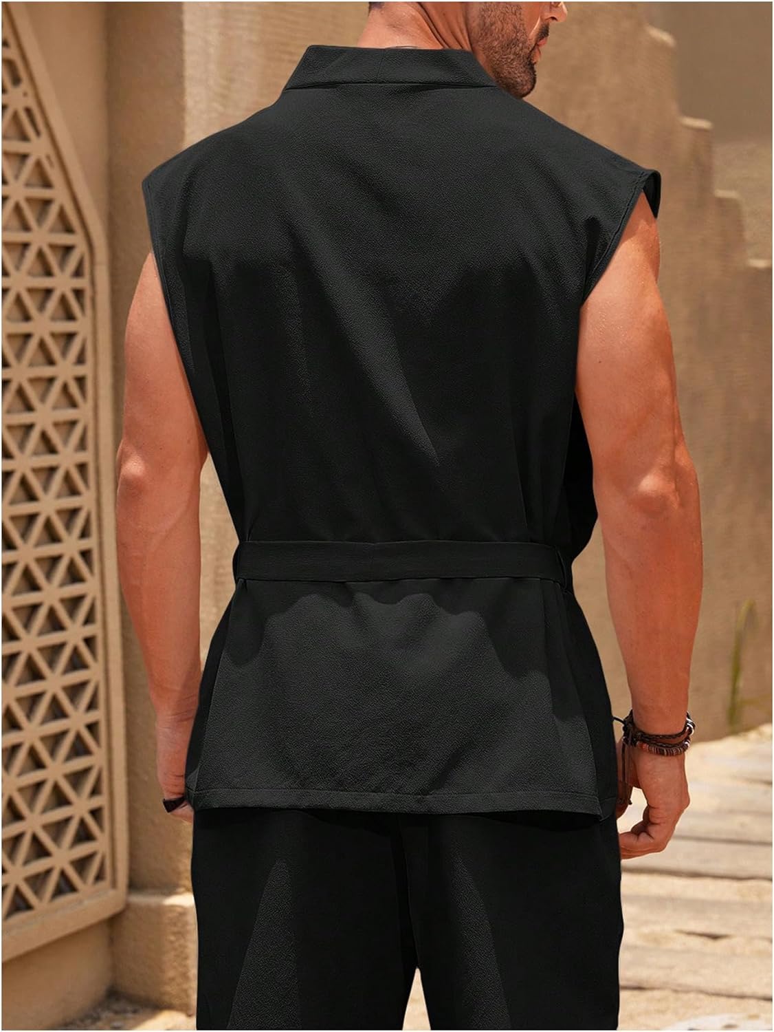 OYOANGLE Men's Open Front Belted Tank Top Japanese Style Sleeveless Boho Vest Tops - Image 3