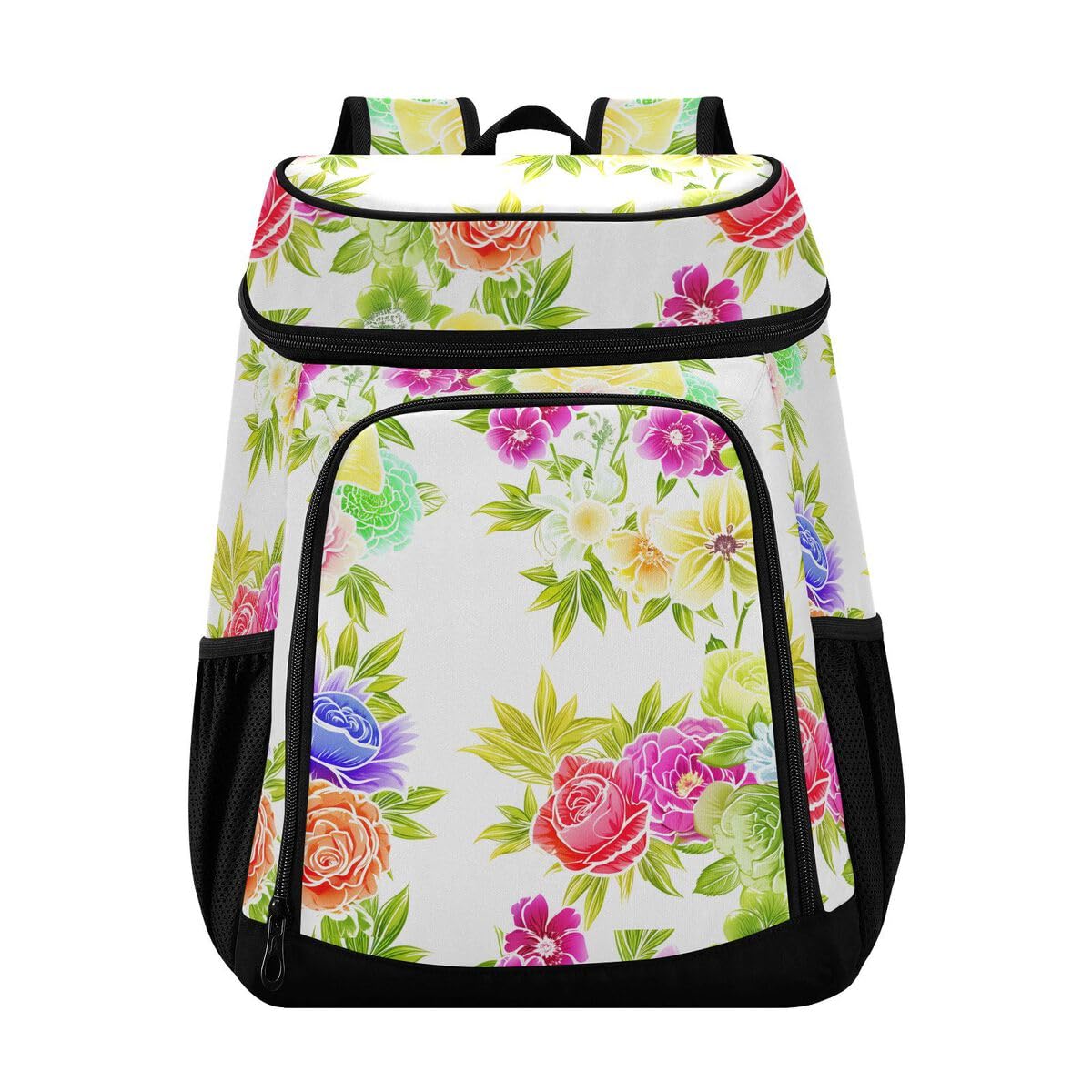 Floral Blossom Foliage White Cooler Backpack Leakproof Insulated Lunch Cooler Bag 30 Cans Camping Backpacks for Beach Road Trip Picnic