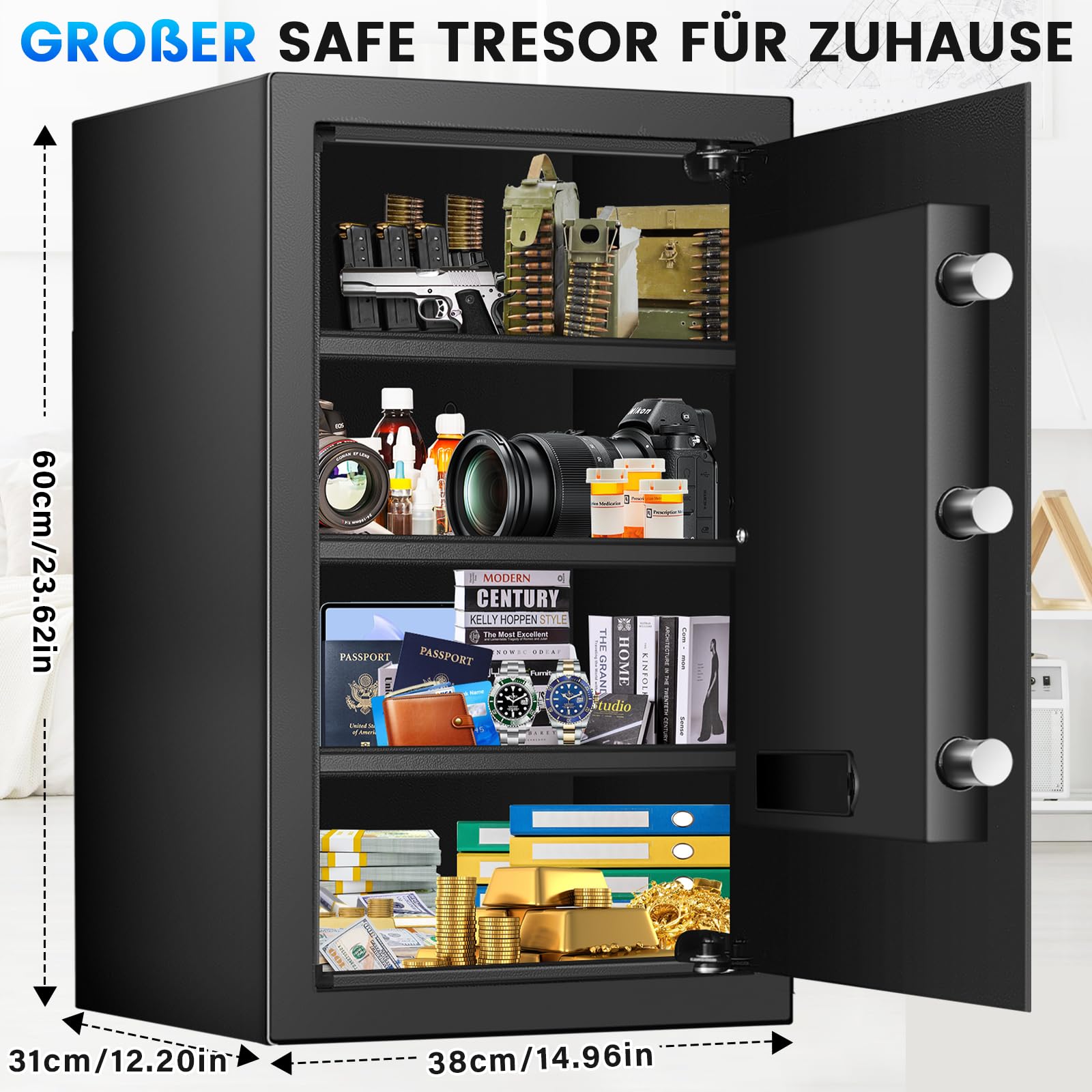 70L Extra Großer Safe Tresor für Zuhause, Feuerfester Tresor mit Schlüssel, Abnehmbares Regal und Stummschaltfunktion, Anti-Theft Tresore für Geld, Dokument, Medizin and Wertgegenstände