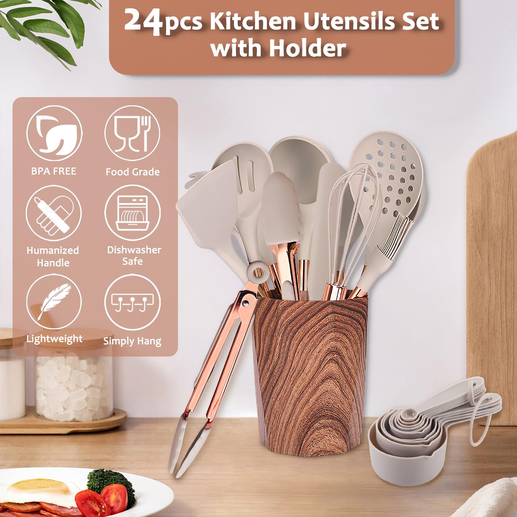 Silicone Cooking Utensils Set with Holder- 24pcs Kitchen Utensil Set with Wood Pattern Handle, Silicone Utensils for Cooking with Food Safety Turner, Pasta Server, Skimmer, Ladle, Spoon, Tong, Whisk