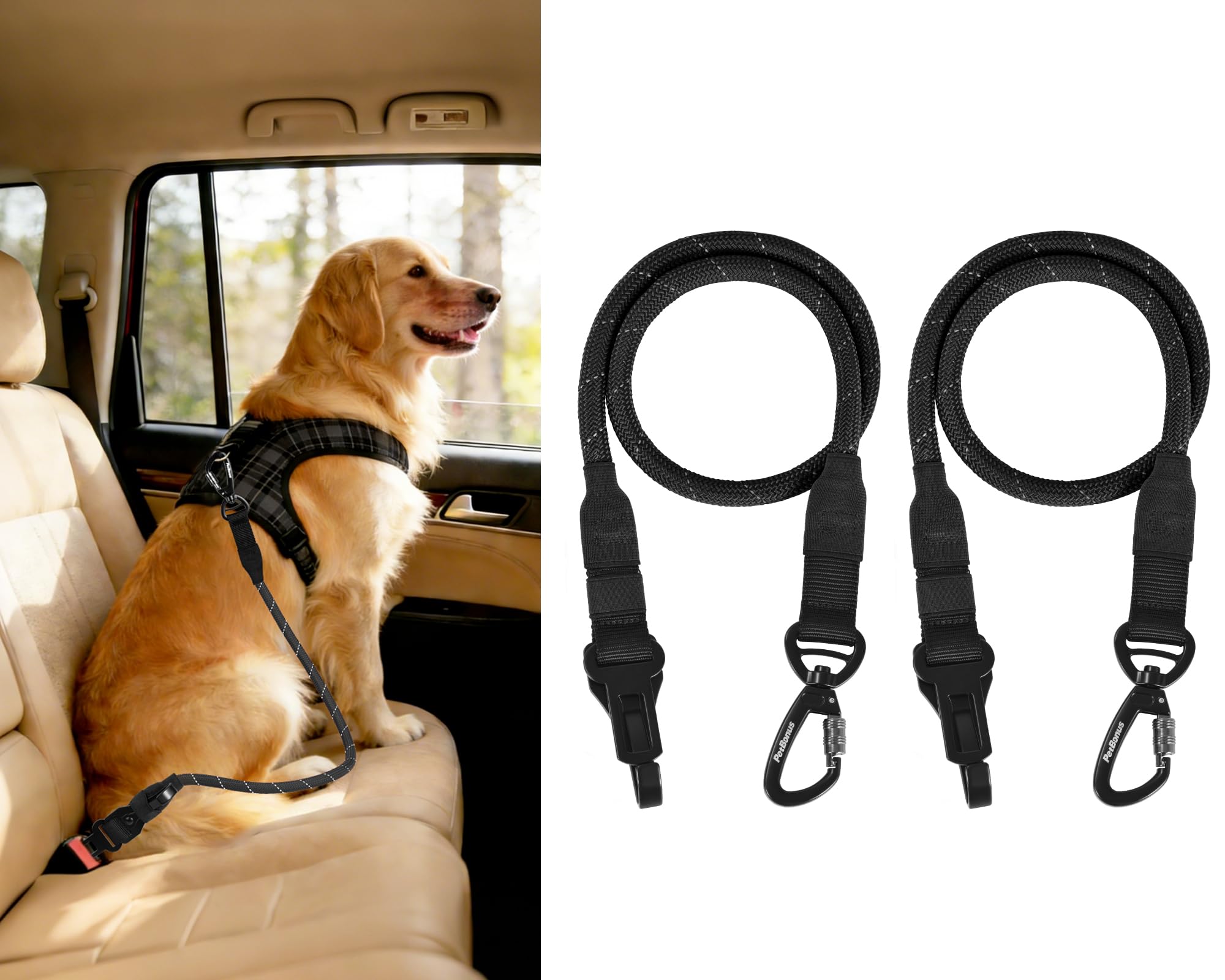 PetBonus Dog Seat Belt for Car, 2 Packs Durable Rope Dog Car Harness Seatbelt for Vehicle, Pet Tether Safety Restraint with Heavy Duty Buckle Hook Latch Lockable Clip for All Breeds (Black, Black) — image 1