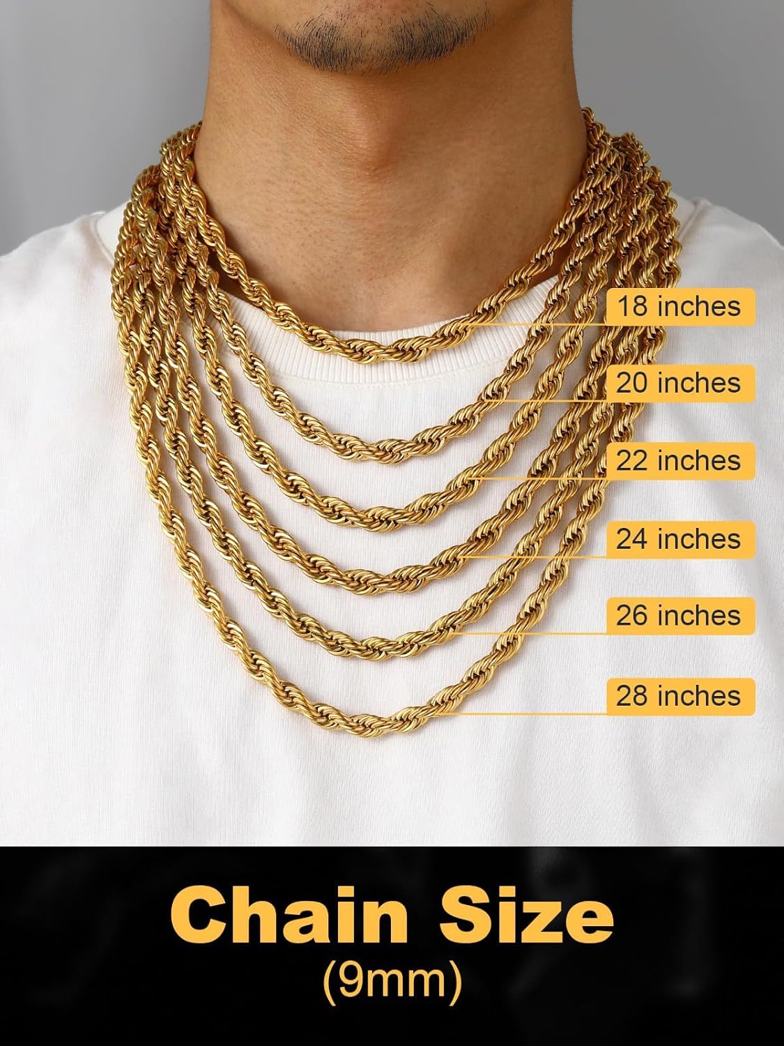 U7 Twisted Rope Chain, Figaro Chain, Men Stainless Steel Necklace and Bracelet Set, 3mm 5mm 6mm 9mm Black Gold Silver Chains Necklaces for Men Women 16"-30" - Image 5