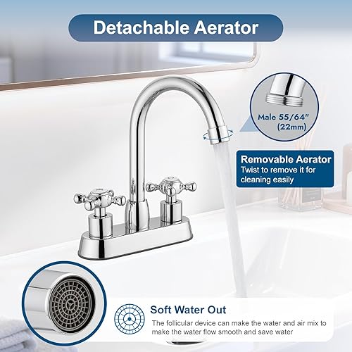 Miniatura 2 de Cinwiny Grifo de baño central de 4 pulgadas, grifo de tocador de doble mango cruzado, boquilla giratoria de 360, grifo mezclador montado en la