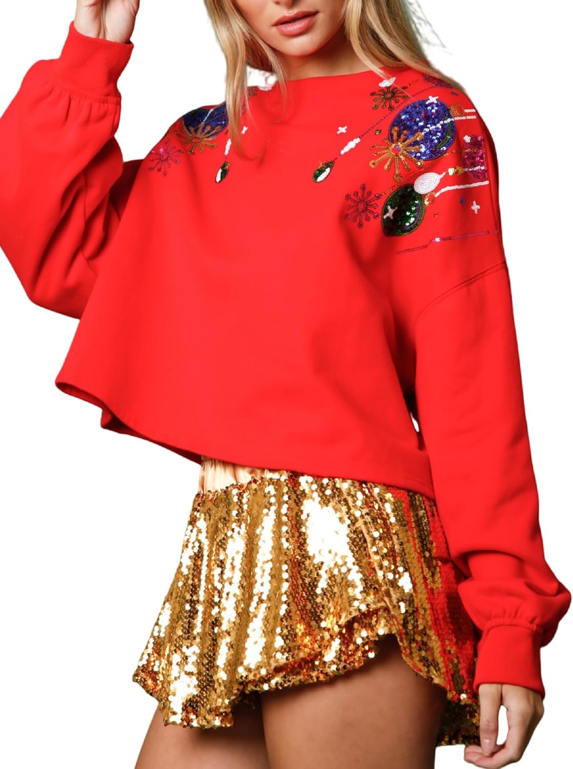 NUFIWI Christmas Cropped Sweatshirt for Women Colorful Funny Santa Long Sleeve Pullover Glitter Xmas Holiday Crop Top
