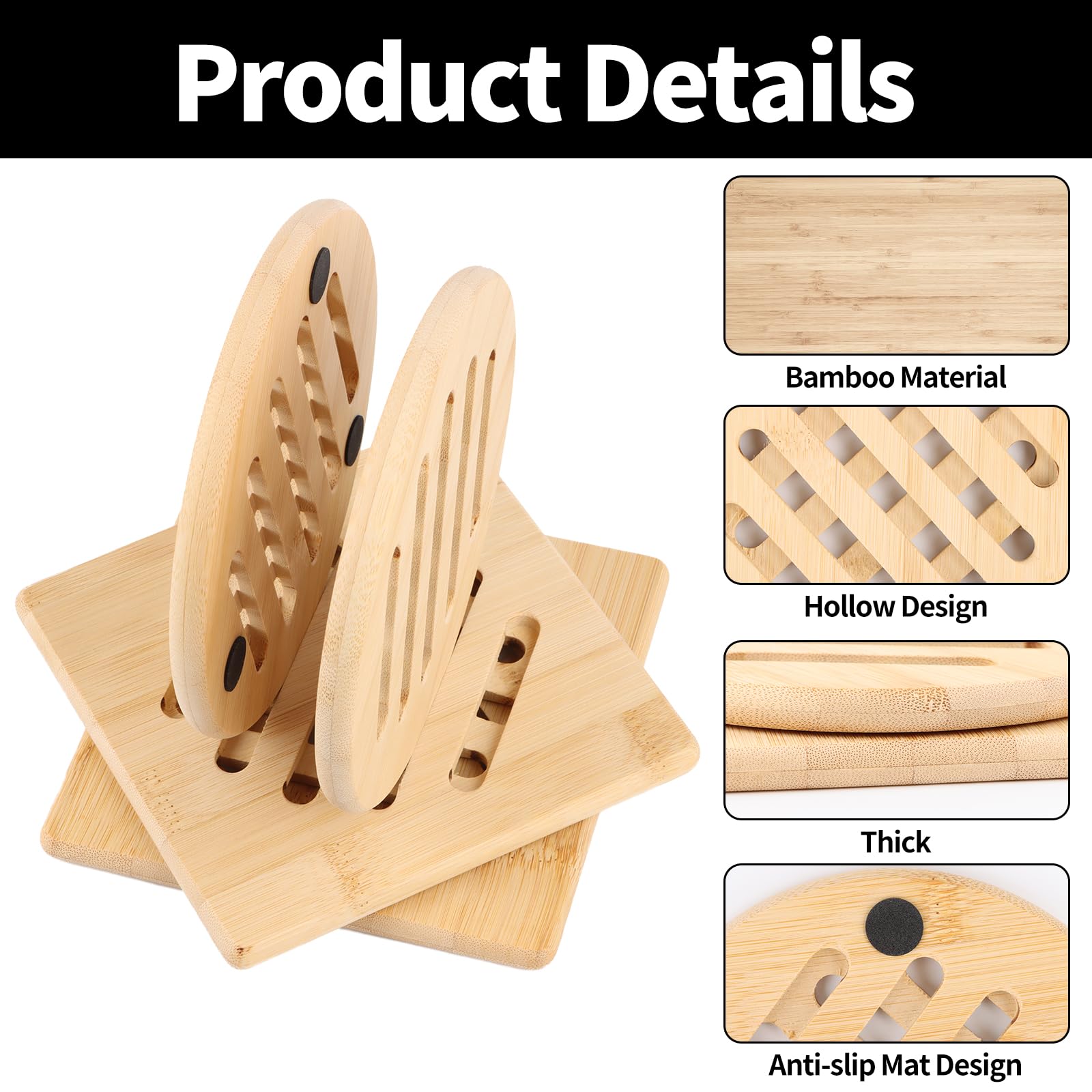 Lot De 4 Dessous De Plat En Bois - En Bambou - Résistants à La Chaleur - Antidérapants - Naturels - Pour Cuisine, Bol, Poêles, Casseroles, Assiettes, Carrés Et Ronds