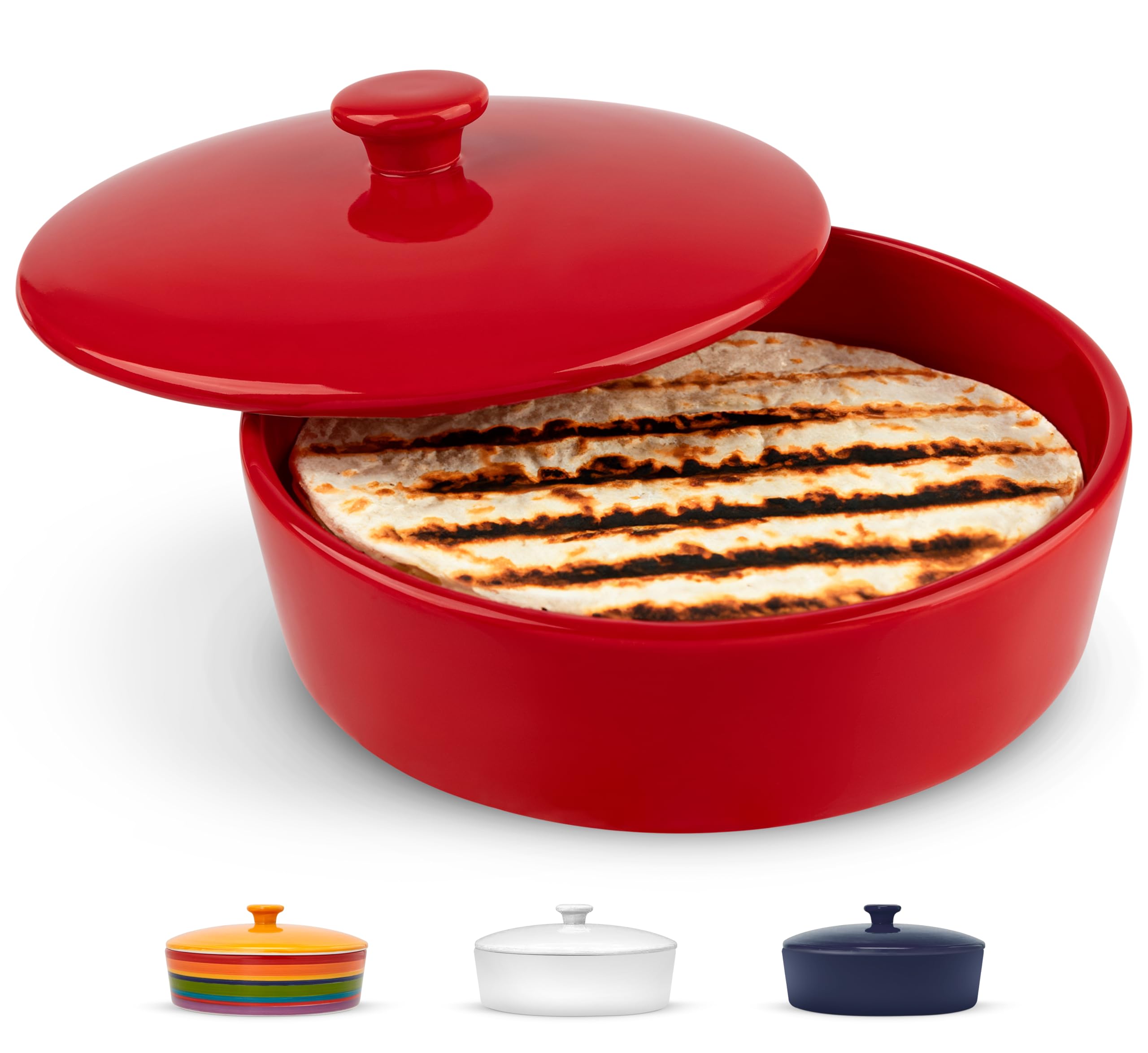 Tortilla-Wärmer von Kook, Tortilla-Halter, Taco-Bar, Keramik, handbemalt mit Deckel, authentisch, mikrowellengeeignet, spülmaschinenfest, 21,6 cm, Rot
