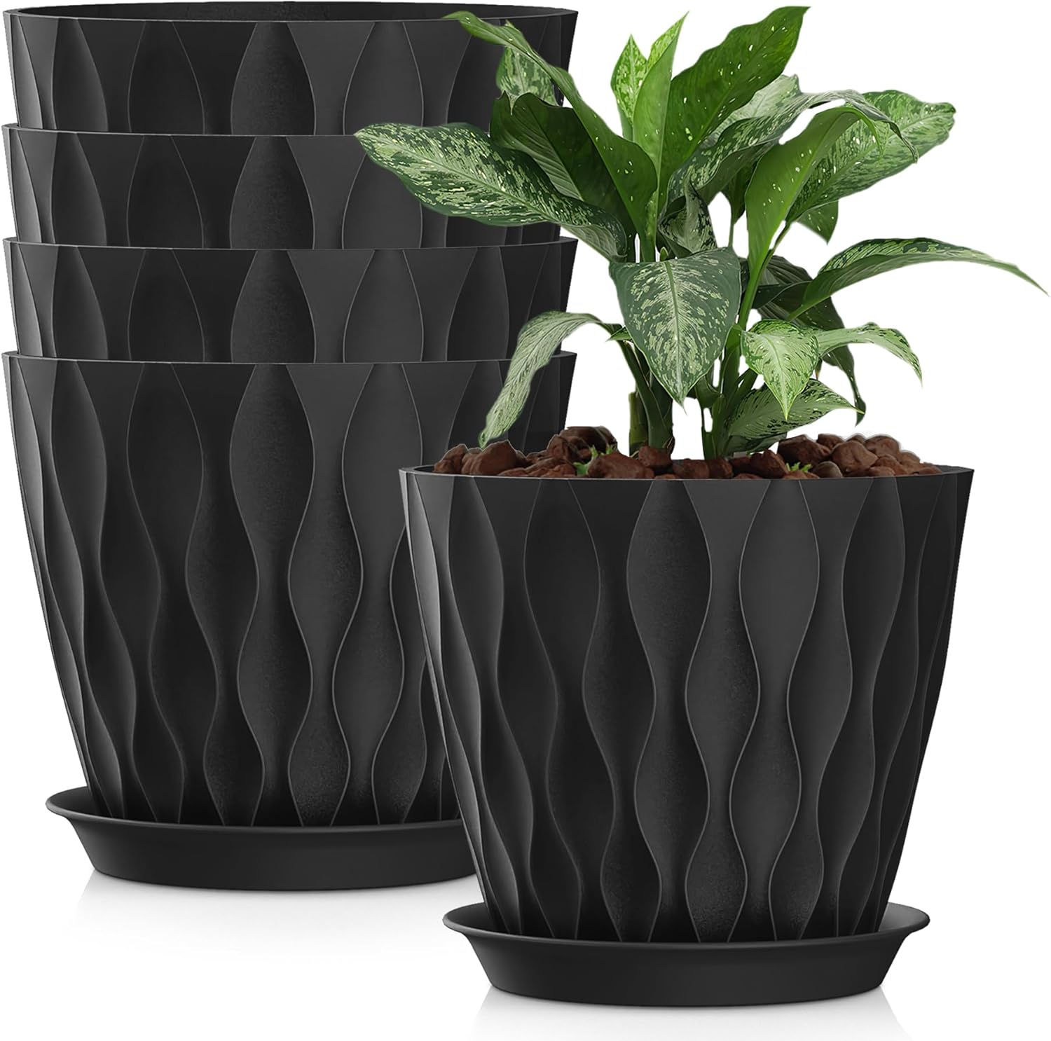 8 Inch Plastic Plant Pots,Set of 5 Flower Pots,Planters with Drainage Holes & Saucers, Indoor Outdoor Garden Pots for Home Decor (Black)