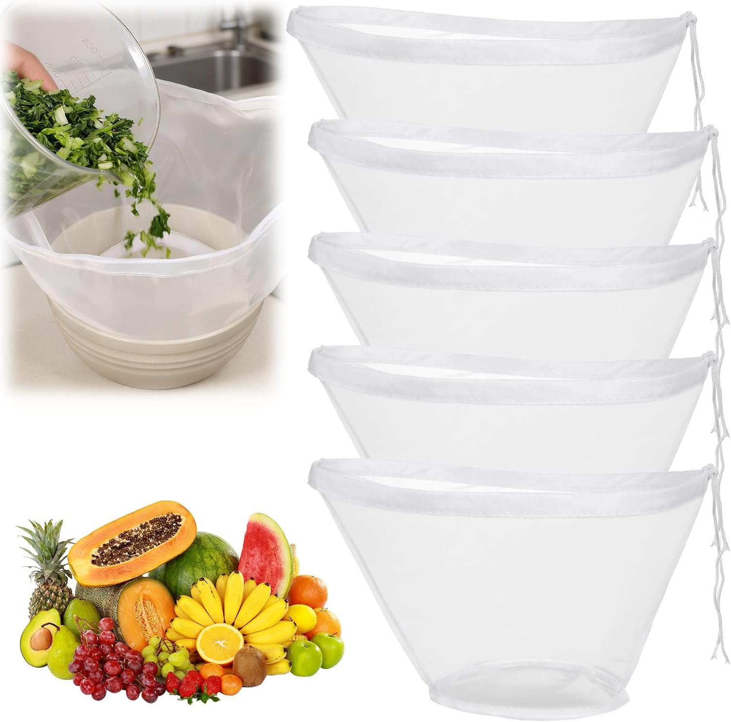 cobee 5 Pcs Cheese Cloth Bags For Straining, Fine Mesh Nylon Filter Bags Juice Strainer, Bowl-Shaped Reusable For Nut Milk, Dumpling Fillings, Juice, Cooking And Cheese Making