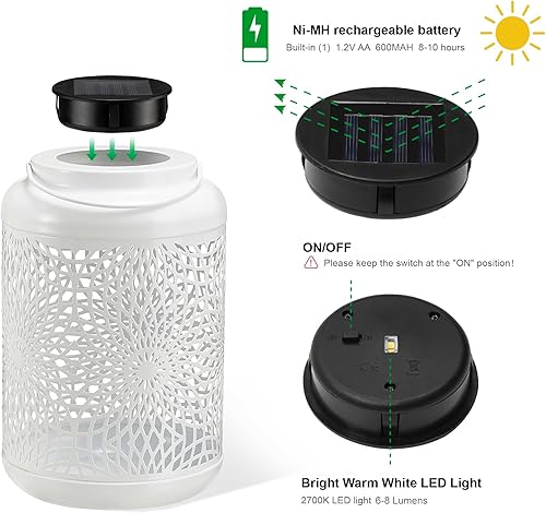 Miniatura 5 de Farol solar para exteriores, impermeable, de metal blanco, hueco, funciona con energía solar, decorativo, casa de campo, luz amarilla cálida para