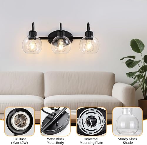 Miniatura 7 de Lámparas de tocador de baño de 3 luces, apliques de pared de baño negro mate, lámparas de pared modernas con pantallas de vidrio transparente,