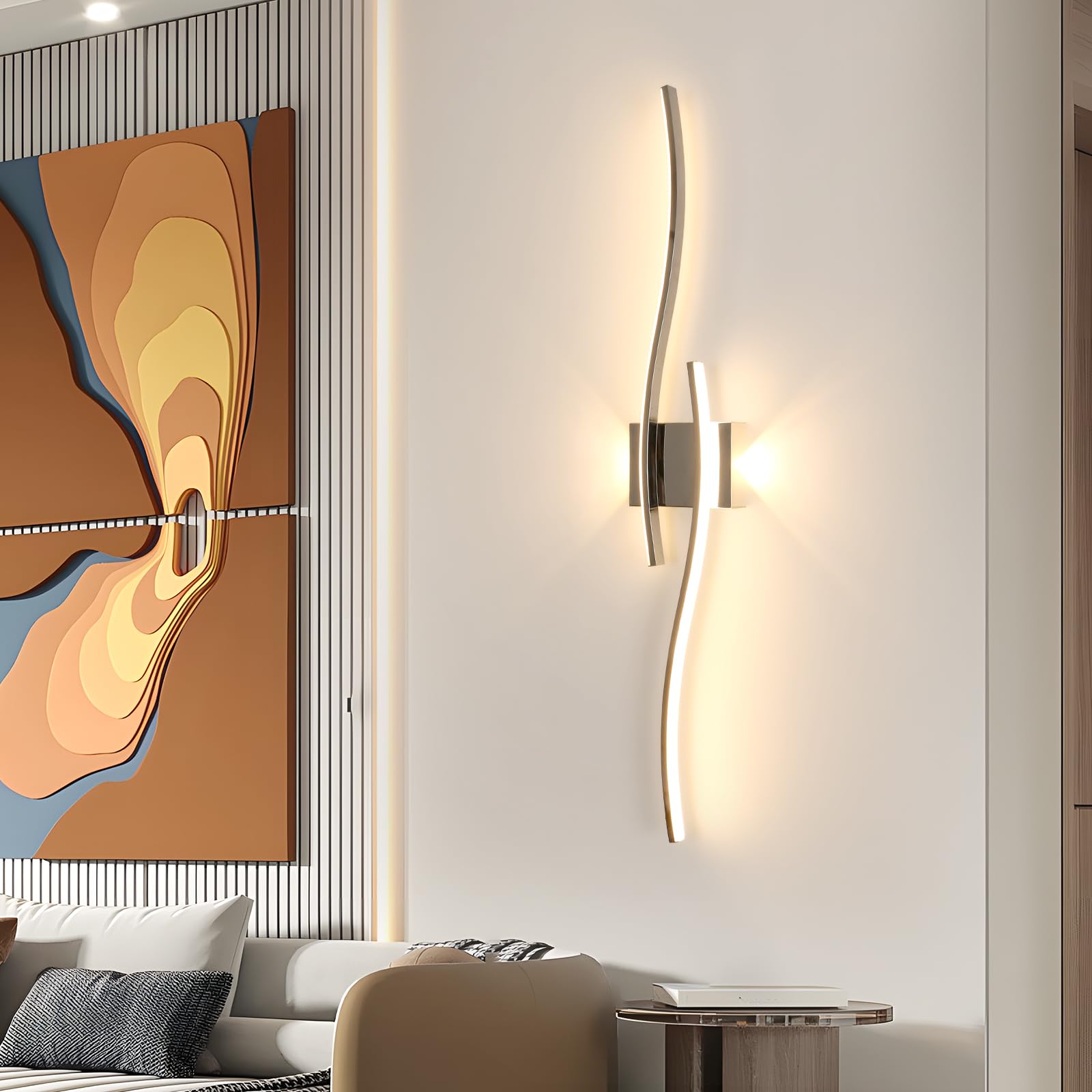 Comely Wandlampe Innen LED Moderne, Wandleuchte up and down 27W 3000LM, Gebogene Design Wandleuchten Silber für Wohnzimmer Schlafzimmer Treppenhaus Flur, Warmweiß 3000K