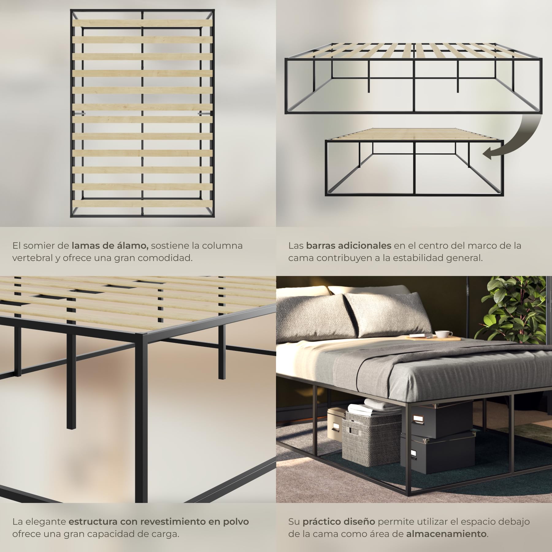 tectake® Cama Matrimonio Metal, Almacenamiento Debajo, Estructura Resistente, Somier Madera de Álamo, Diseño Minimalista, Cama Matrimonio Moderna - 200 x 140 x 46,5 cm