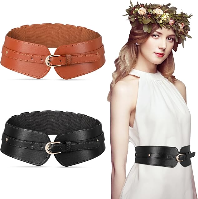 Neer 2 Pieces Women Wide Elastic Waist Belt Adjustable Waistband with Hook Buckle Ladies Stretch Cinch Belt for Dress Women Waist Belt for Dress Jumpsuit Long Shirt Coat