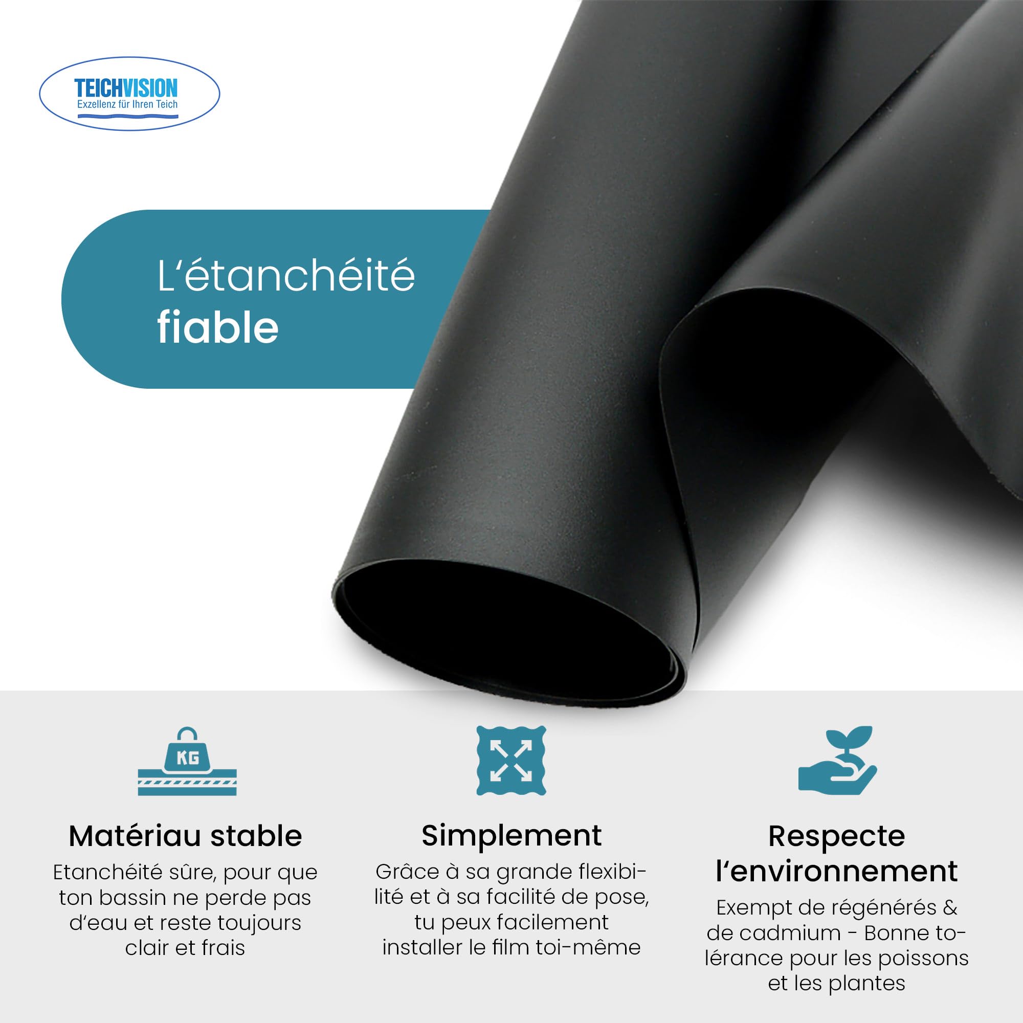 Bâche Bassin PVC Noir 1mm TeichVision 4m X 4m - Liner Étang Jardin Étanche Et Résistant