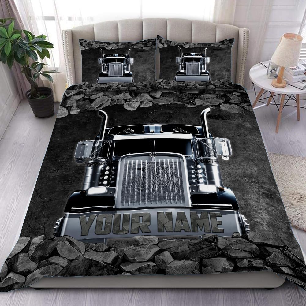 Custom Trucker Bedding Set, Semi Truck Bedding Twin Full Queen King, Trucker Stuff Tapestry Down Semi Truck Comforters Trucker Bedding Sets Bedspreads Trucker Home Decor (Cool Black Truck)