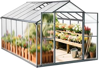 Gewächshaus Aluminium mit 362 x 238cm Fundament 4mm Platten gartengewächshäuser groß Treibhaus Winterfest Frühbeet Aufzucht 14,03m³ Doppeltür Grau