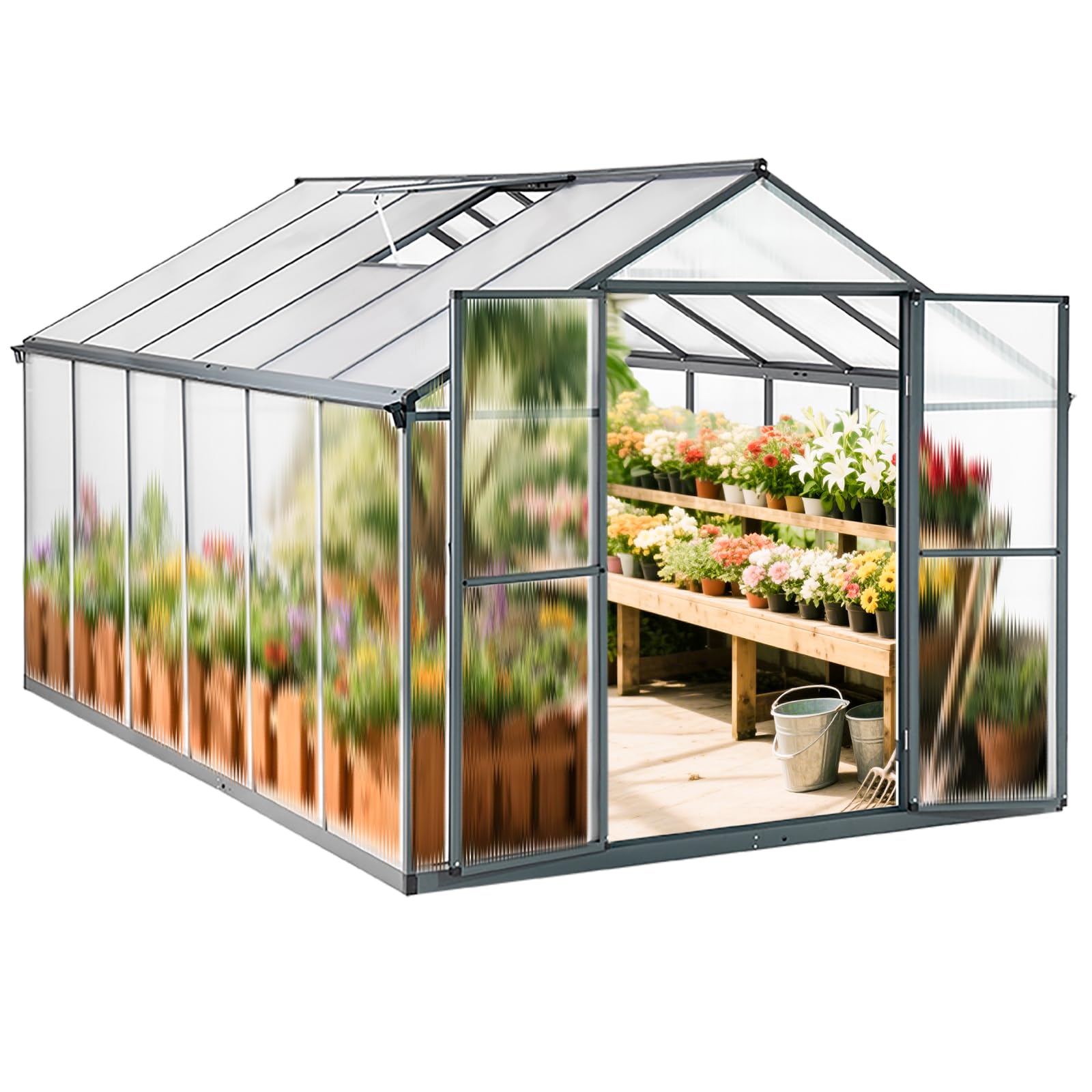 Gewächshaus Aluminium mit 362 x 238cm Fundament 4mm Platten gartengewächshäuser groß Treibhaus Winterfest Frühbeet Aufzucht 14,03m³ Doppeltür Grau