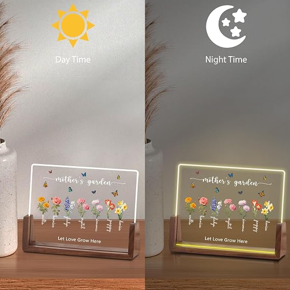 Funny DIY Custom Mothers Day Gifts for Mom Grandma, Personalized Acrylic LED Night Light, Customized Birth Month Flower with Names, Christmas Birthday Gift for Mom from Daughter Son Kids