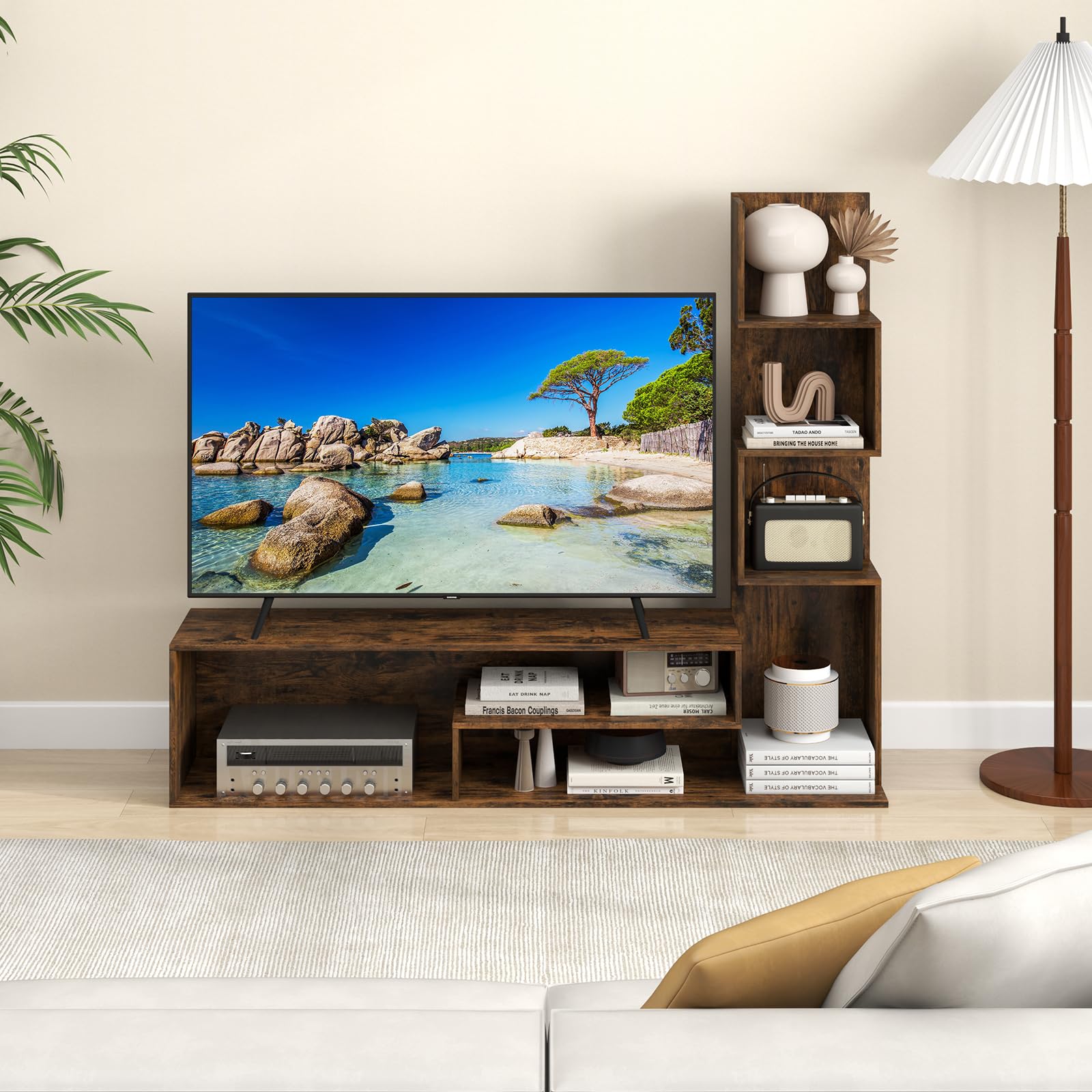 KOMFOTTEU Mobile TV Soggiorno con Mensole a Forma di L e Scomparti Aperti, Mobiletto Multifunzione per Televisione fino a 50”, Mobile Porta TV e Libri in Legno per Camera da Letto, Ingresso (Marrone)