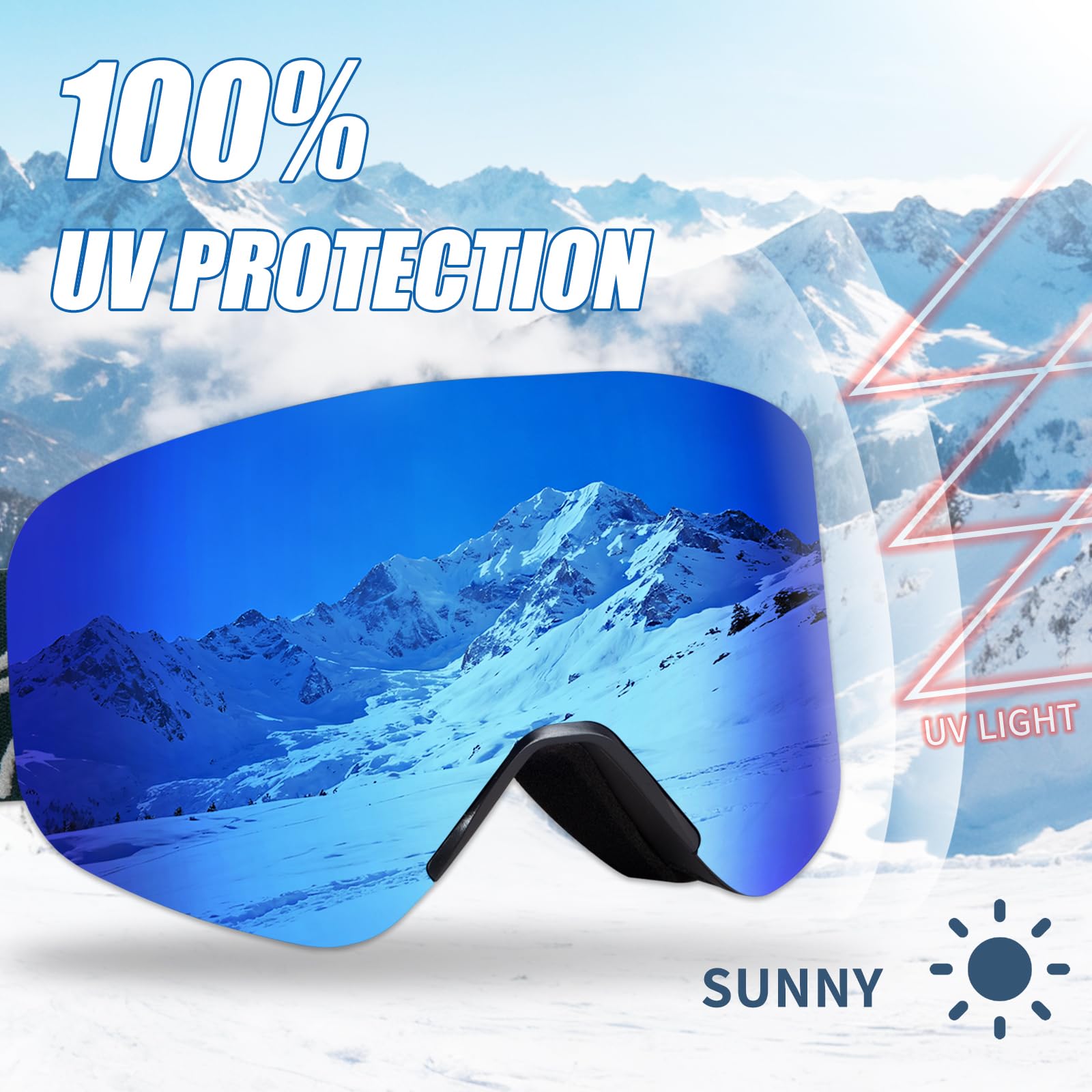 YH879B Lunettes de ski OTG et de planche à neige avec verres magnétiques interchangeables, protection UV et anti-buée, lunettes de neige pour homme et femme (monture noire, bleu Revo intégral, VLT 19