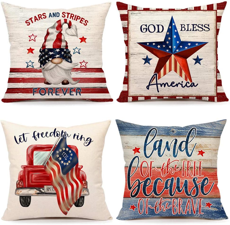 4th of July Decorations Pillow Covers 18x18 Set of 4 Independence Day Memorial Day Patriotic Rustic Farmhouse Decor Holiday Stars and Stripes Throw Cushion Case for Home Couch
