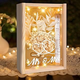 Hochzeitsgeschenke für Brautpaar, Geldgeschenk Hochzeit, Geschenk Hochzeit, inklusive Holzbox + Trockenblumen + LED Lichterkette + Reagenzglas + Hochzeitskarte, Hochzeitsgeschenk Geld